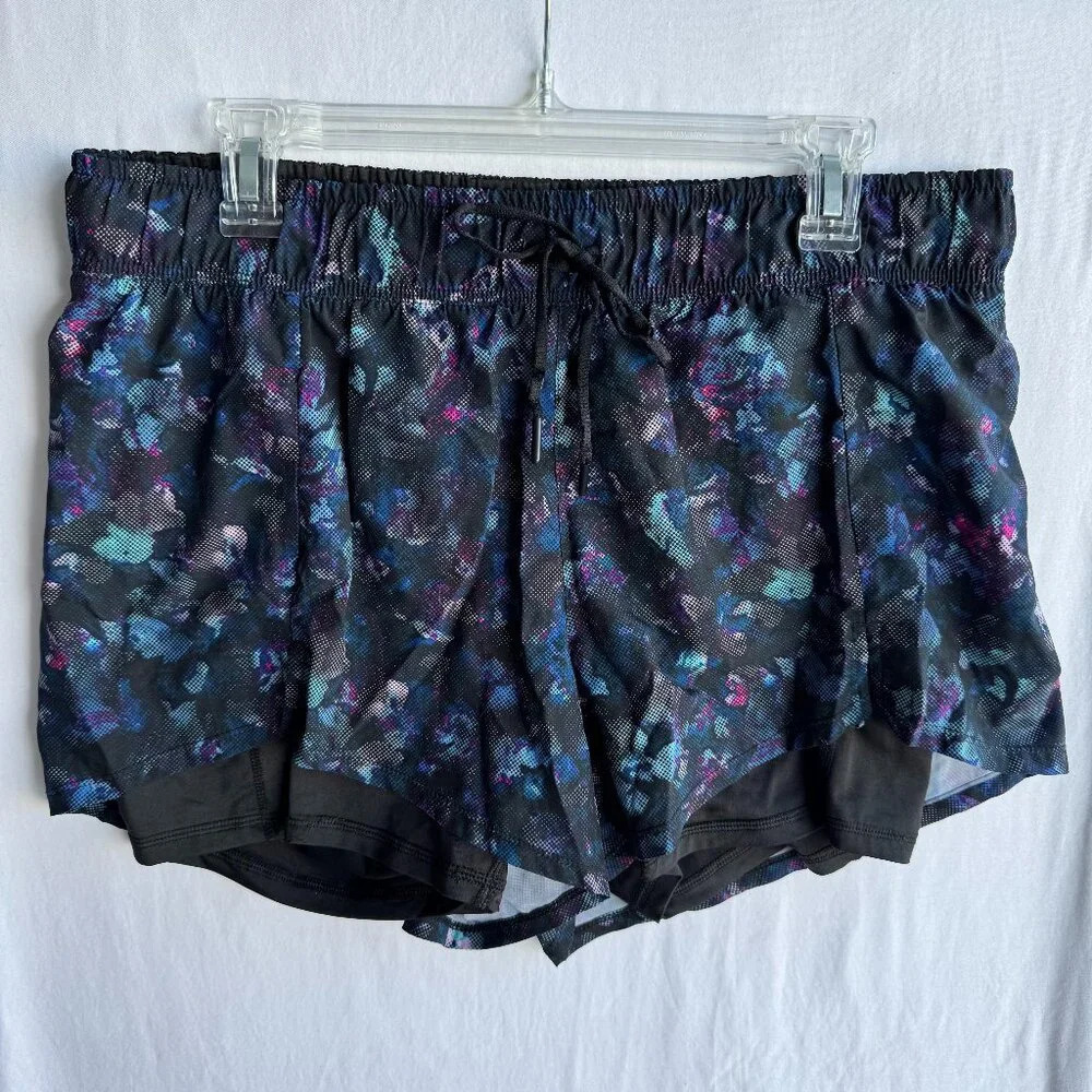 Black Floral Avia Athletic Shorts - Size L, Drawstring Waist, Lightweight Design
